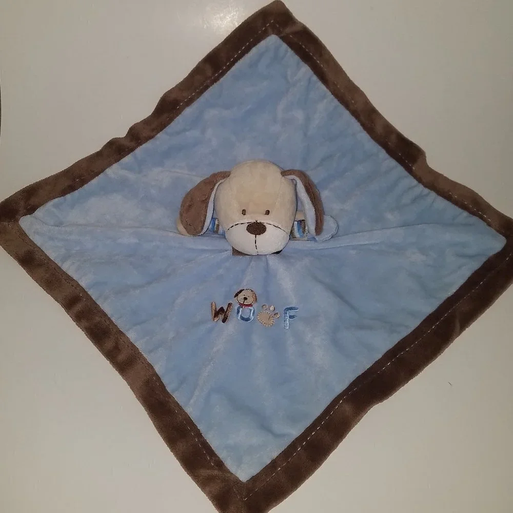 Carter's WOOF Puppy Dog Lovey Rattle Plush Blue Brown Stuffed Animal Baby Toy